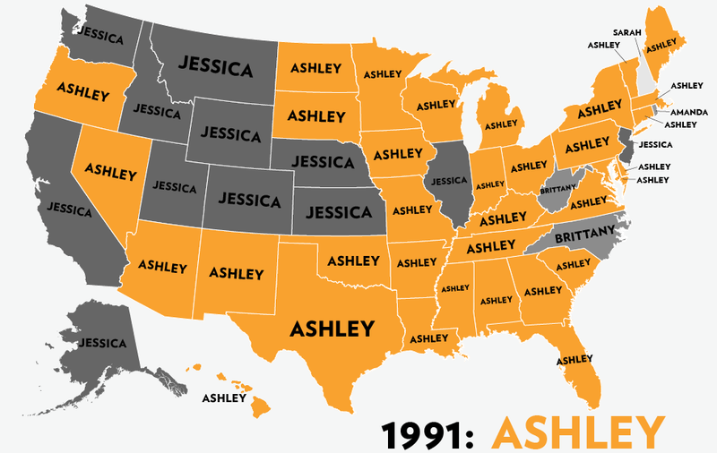 Illustration for article titled Map: Six Decades of the Most Popular Names for Girls, State-by-State